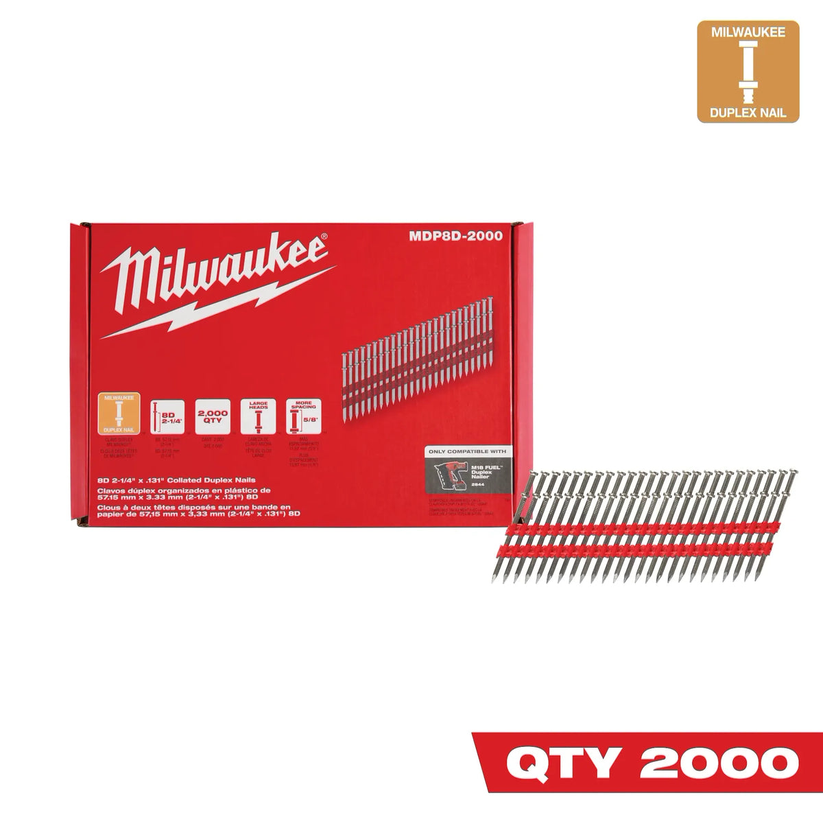 Milwaukee MDP8D-2000 8D 2-1/4” x .131” Collated Duplex Nails 2000CT