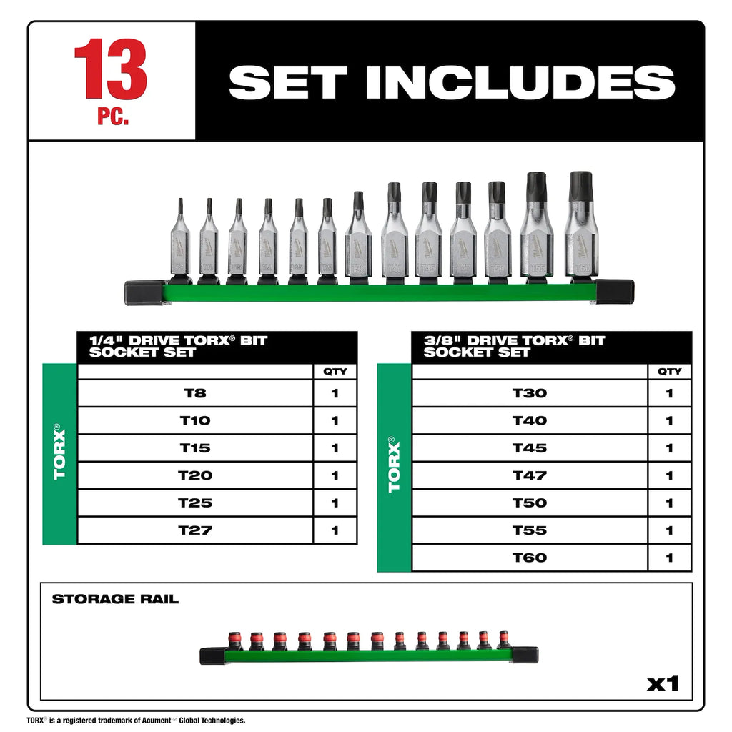Milwaukee 48-22-9532 13PC 1/4" and 3/8" Drive TORX® Bit Socket Set