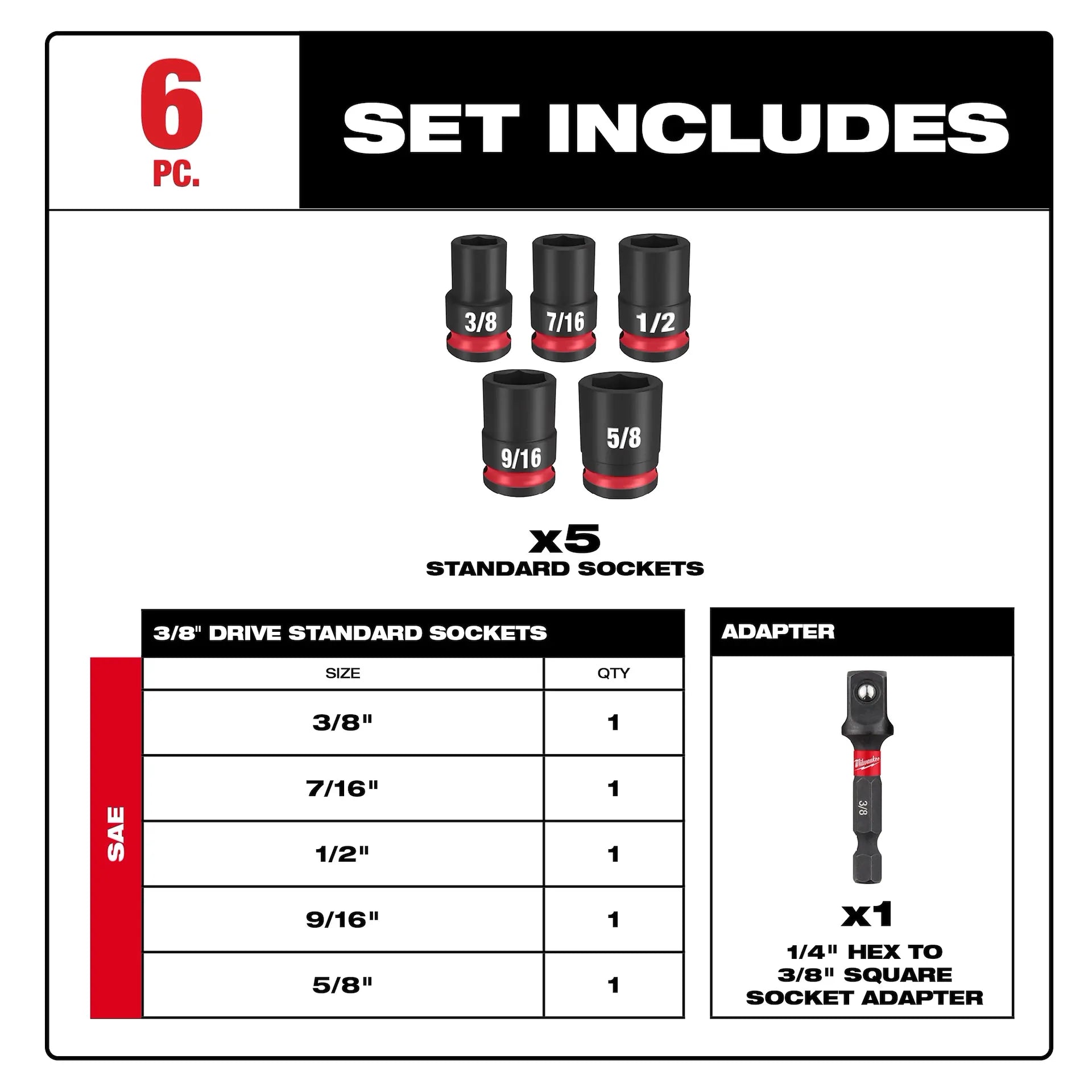 Milwaukee 49-66-7035 SHOCKWAVE 3/8"Drive SAE Standard 6Pt Impact Socket Set 6PC