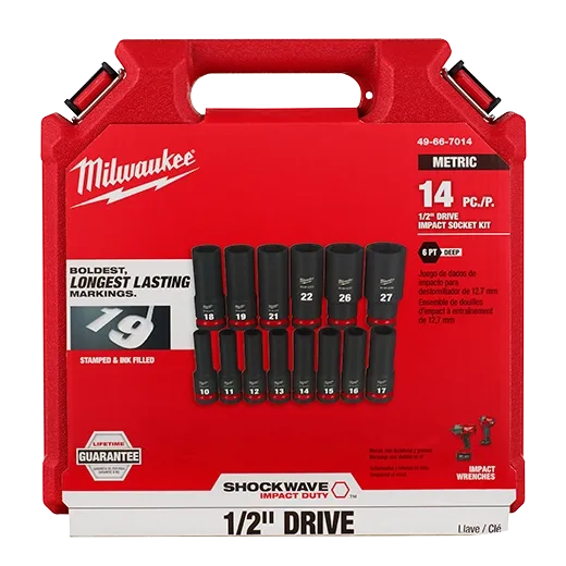 Milwaukee 49-66-7014 14PC SHOCKWAVE Impact 1/2" Drive Metric Deep 6pt Socket Set