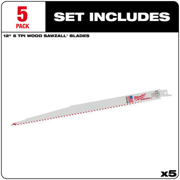 Milwaukee 48-00-5037 5PC 12" 5 TPI Sawzall Blades