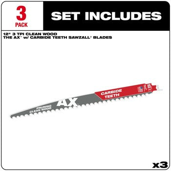 Milwaukee 48-00-5333 3PC 12" 3 TPI AX with SAWZALL Pruning Blade