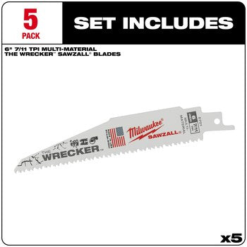 Milwaukee 48-00-5701 5PC The WRECKER Multi-Material SAWZALL Blade 6" 7/11 TPI