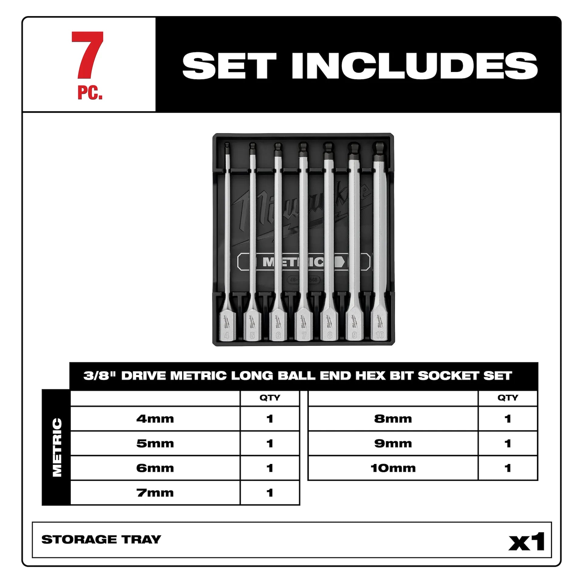 Milwaukee 48-22-9548 3/8" Metric Drive Ball End Hex Bit Socket Set 7PC(Open Box)