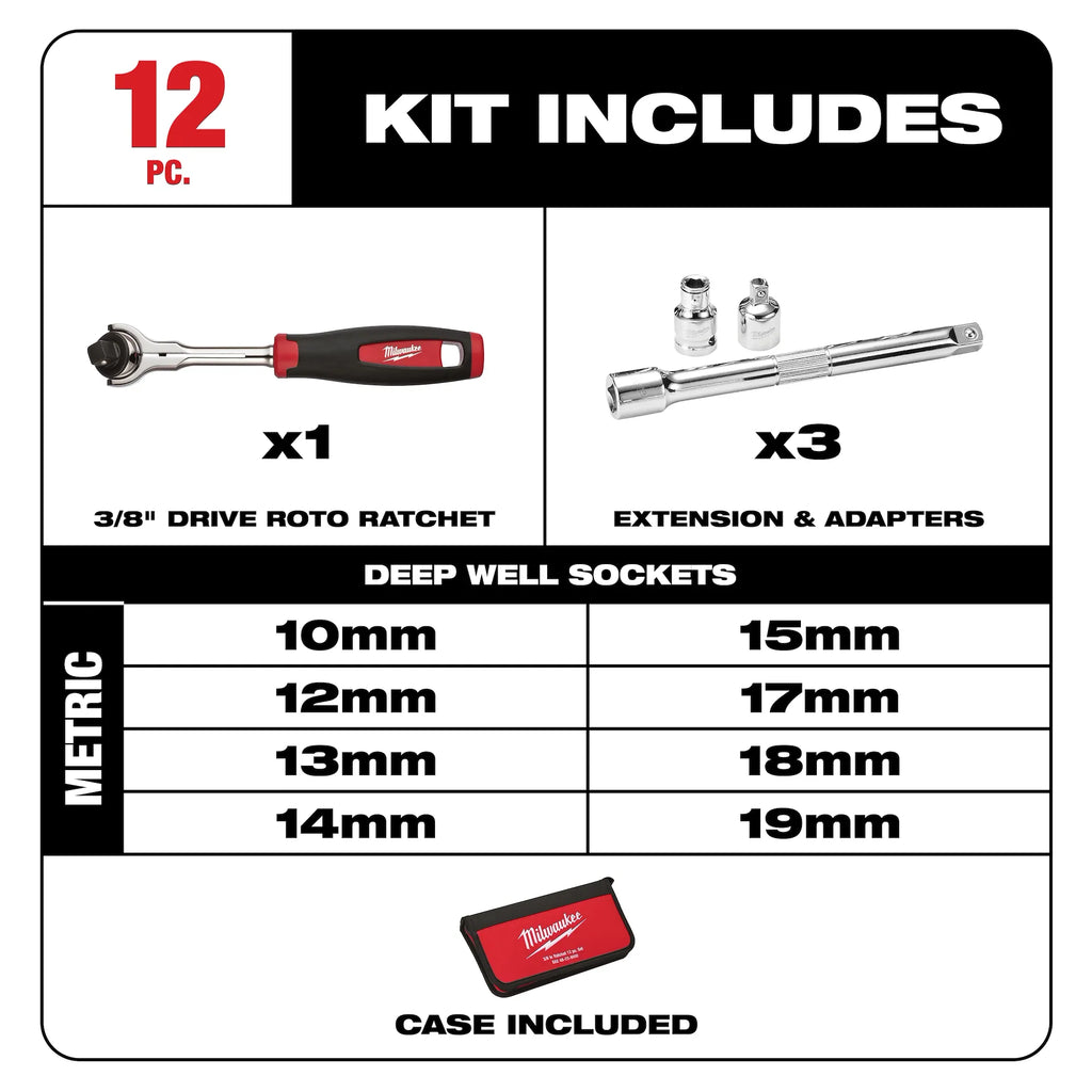 Milwaukee 48-22-9001 12pc 3/8" Drive Metric Socket Set
