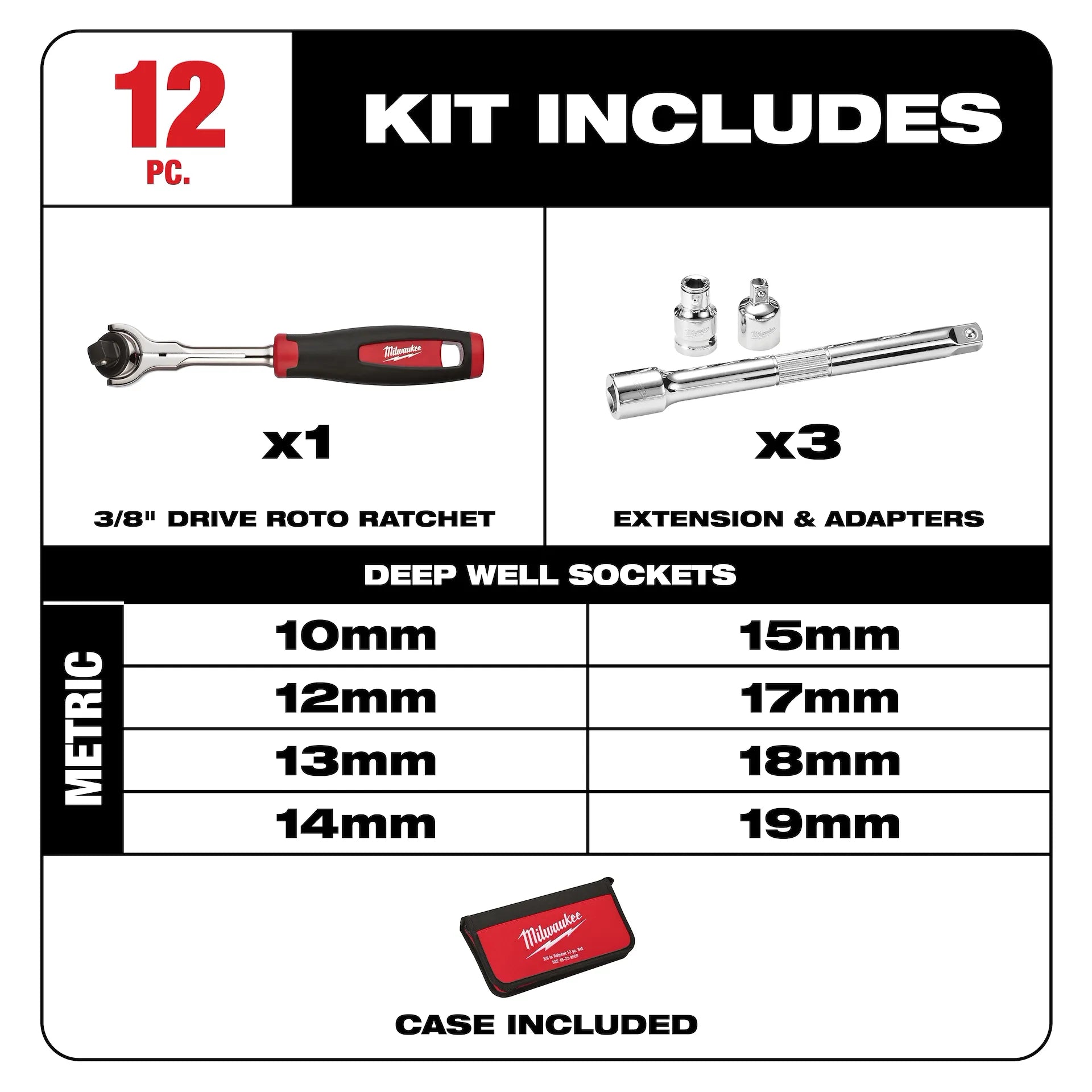 Milwaukee 48-22-9001 12pc 3/8" Drive Metric Socket Set