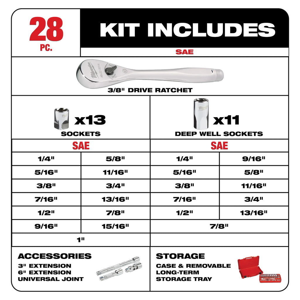 Milwaukee 48-22-9408 3/8" Drive 28pc Ratchet & Socket Set- SAE