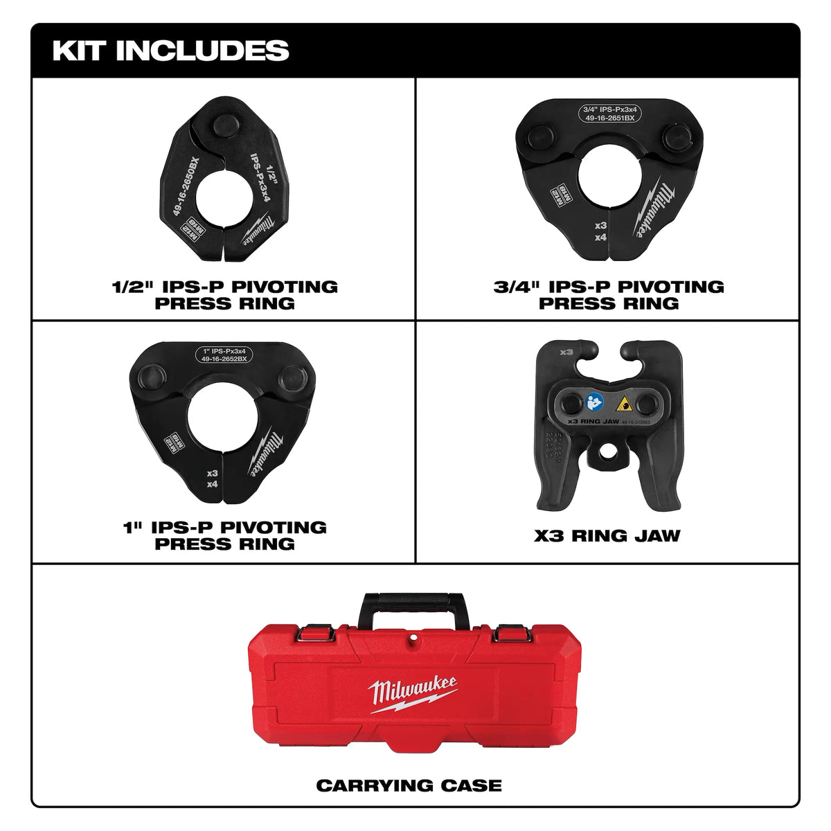 Milwaukee 49-16-2496X 1/2"-1" IPS-P Pivoting Press Ring Kit for M12 Press Tool