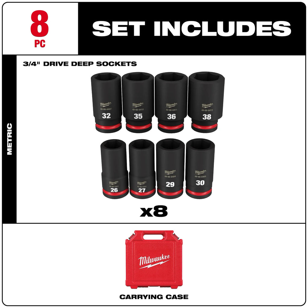 Milwaukee 49-66-7020 8PC Impact Duty 3/4" Drive Metric Deep 6 Point Socket Set