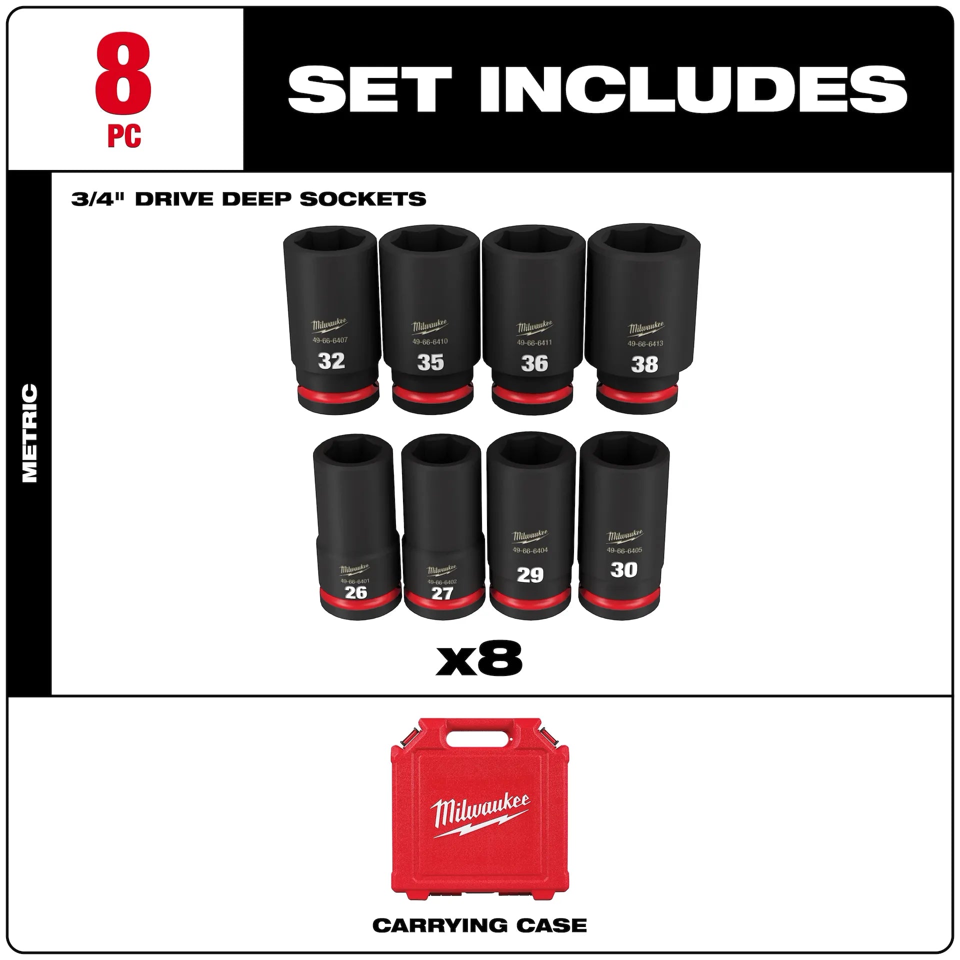 Milwaukee 49-66-7020 8PC Impact Duty 3/4" Drive Metric Deep 6 Point Socket Set