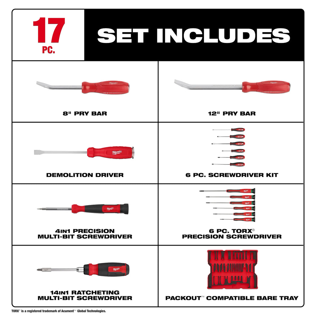 Milwaukee 48-22-0158 Screwdriver & Pry Bar Set w/ Tray for PACKOUT Drawers 17PC
