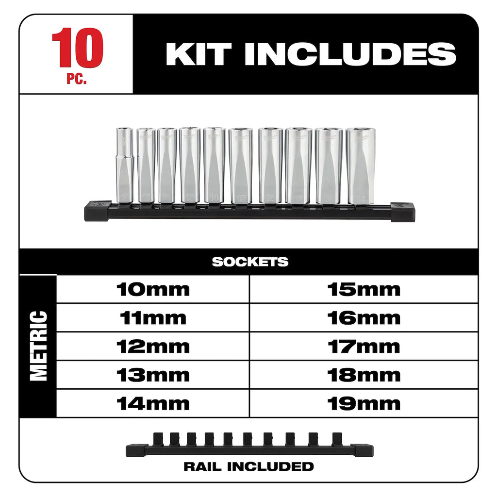 Milwaukee 48-22-9505 10PC 3/8" Deep Well Sockets, FOUR FLAT™ Sides