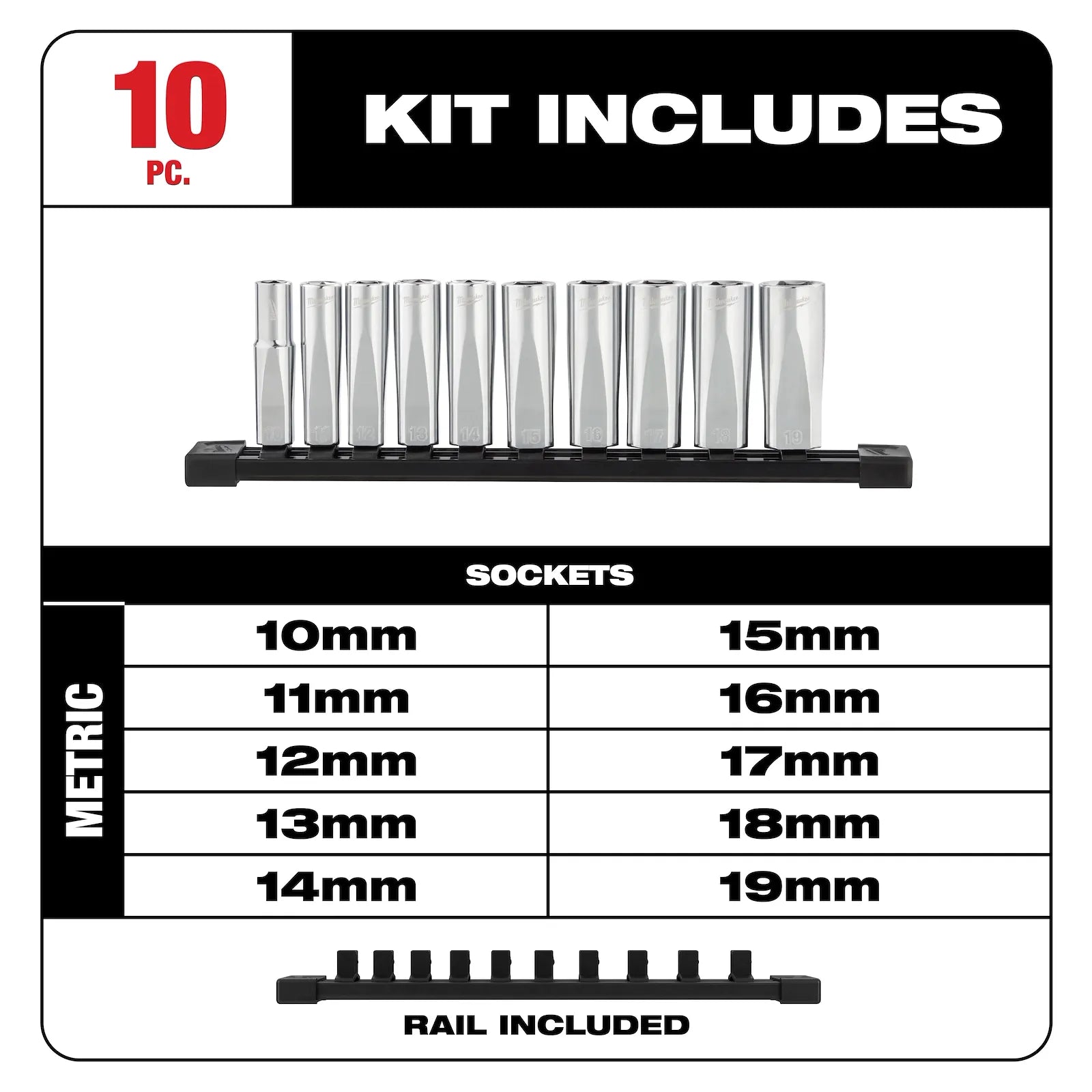 Milwaukee 48-22-9505 10PC 3/8" Deep Well Sockets, FOUR FLAT™ Sides