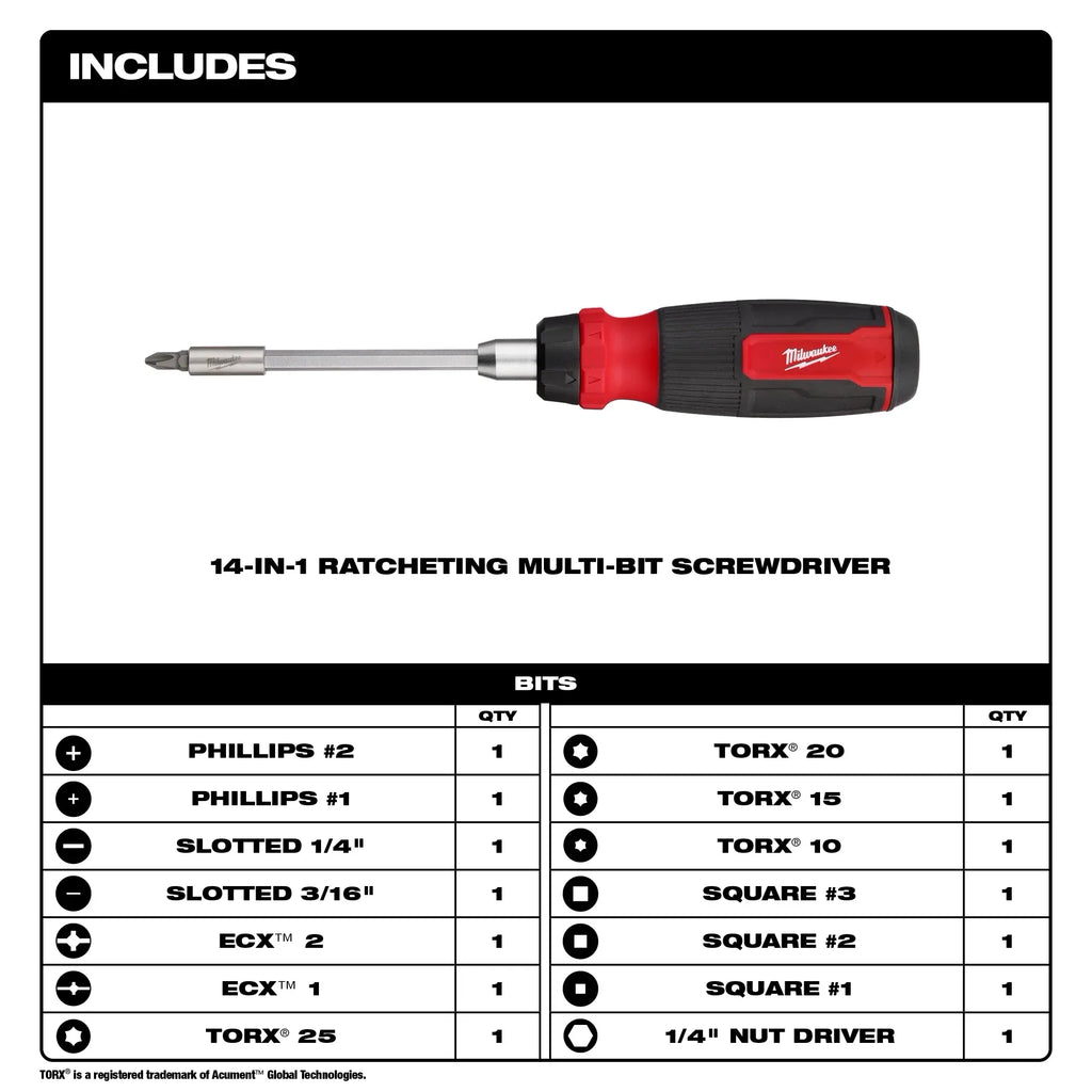Milwaukee 48-22-2905 2pc 14in1 Ratcheting/8in1 Compact Screwdriver Set