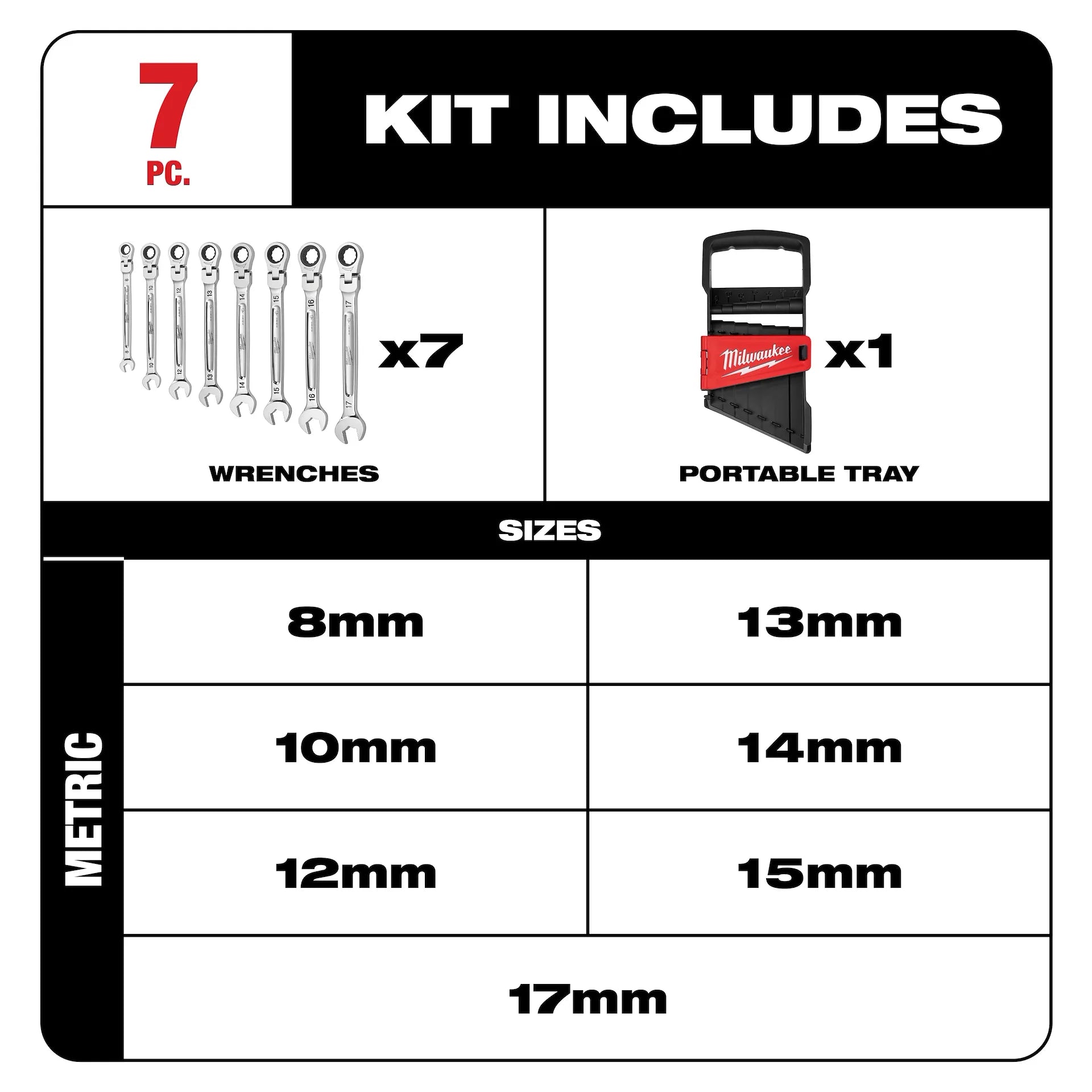 Milwaukee 48-22-9529 7pc Metric Flex Head Ratcheting Combination Wrench