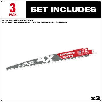 Milwaukee 48-00-5332 3PC 9" 3 TPI AX Carbide Teeth SAWZALL Pruning Blade