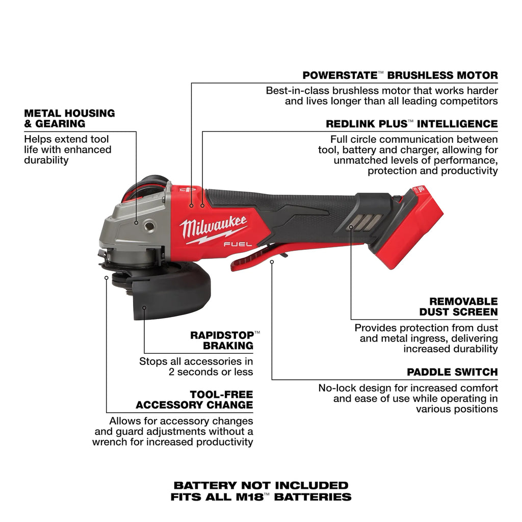 Milwaukee 2888-20 M18 4-1/2" / 5" Variable Braking Grinder, Paddle Switch