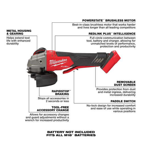 Milwaukee 2888-20 M18 4-1/2" / 5" Variable Braking Grinder, Paddle Switch