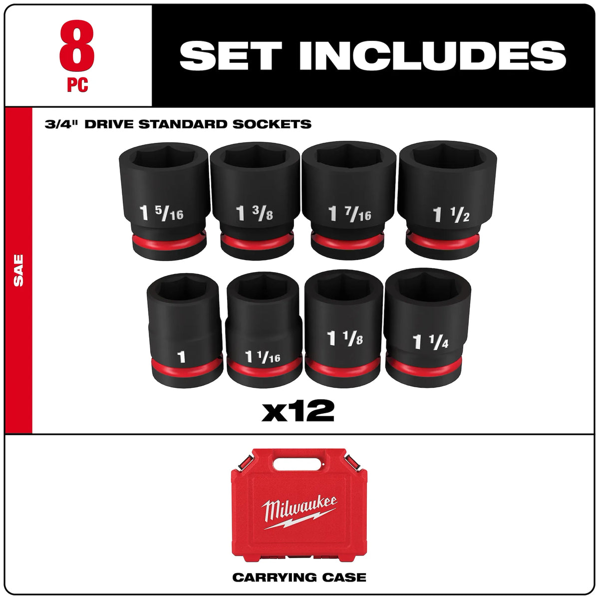 Milwaukee 49-66-7017 SHOCKWAVE 3/4 in. Drive SAE 6 Point Impact Socket Set 8PC
