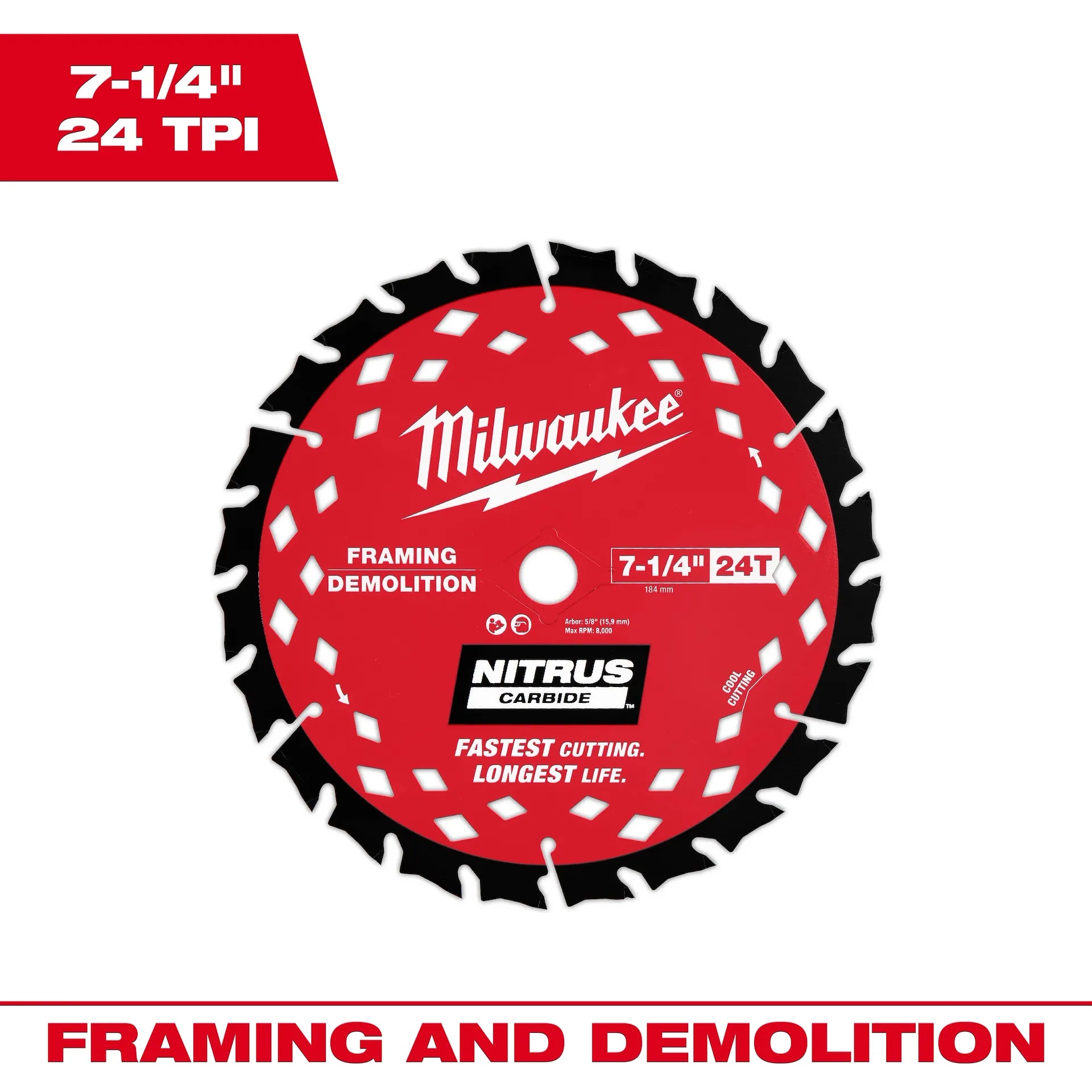 Milwaukee 48-40-0750 7-1/4” 24T Carbide Framing & Demolition Circular Saw Blade