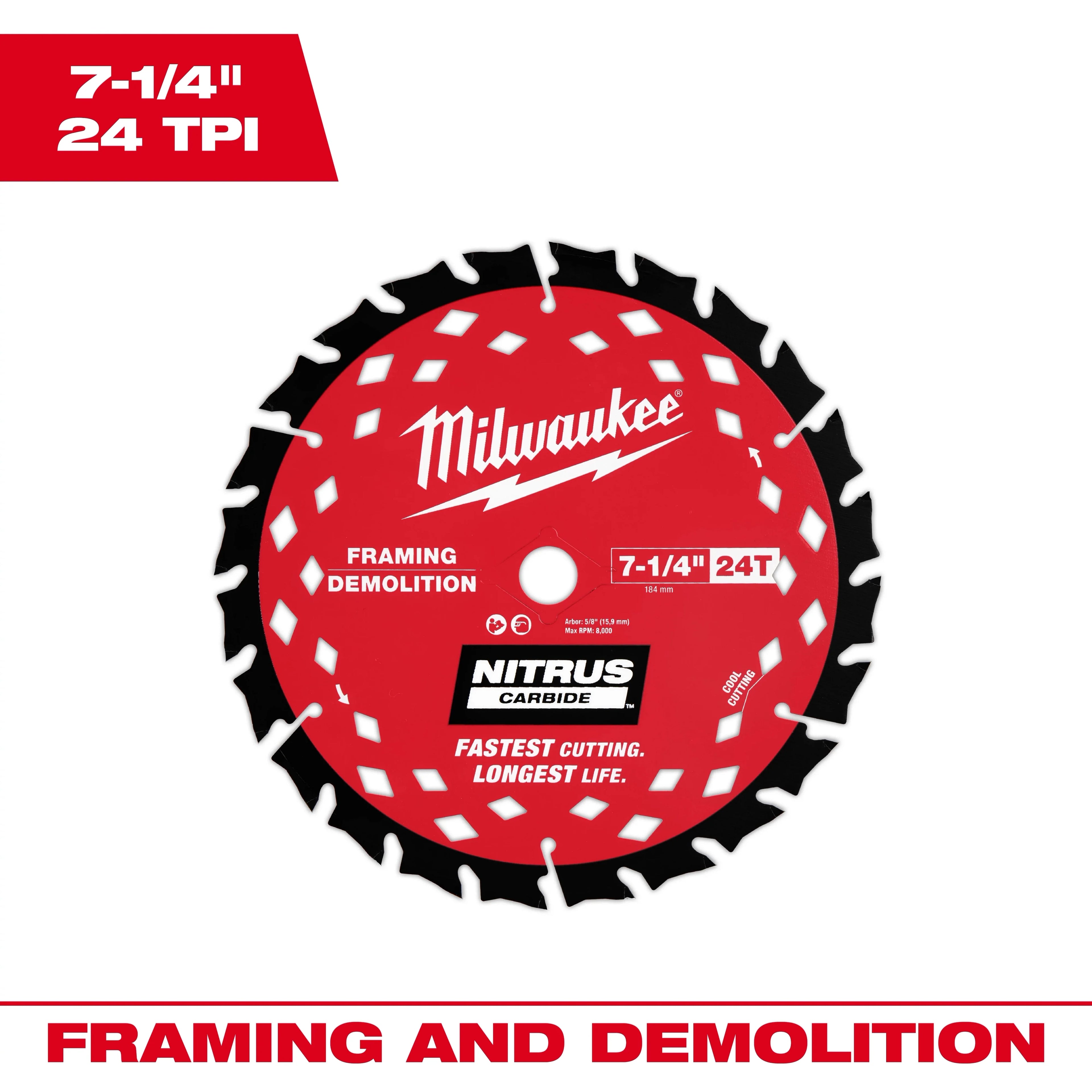 Milwaukee 48-41-0750 7-1/4” 24T NITRUS™ Carbide Framing & Demolition Circular Saw Blade