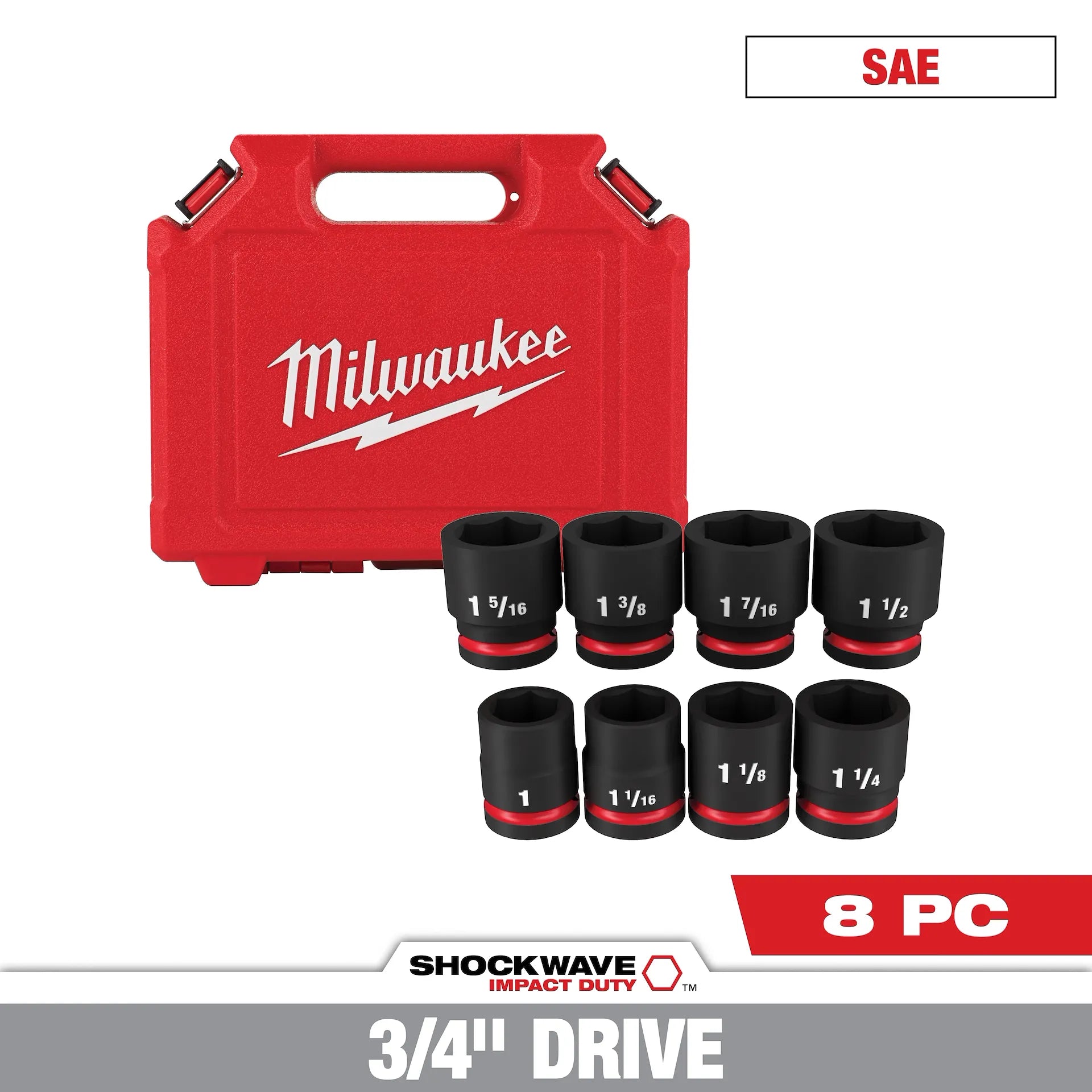 Milwaukee 49-66-7017 SHOCKWAVE 3/4 in. Drive SAE 6 Point Impact Socket Set 8PC