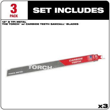 Milwaukee 48-00-5303 3PC 12" 8 TPI TORCH Thick Metal SAWZALL Blade