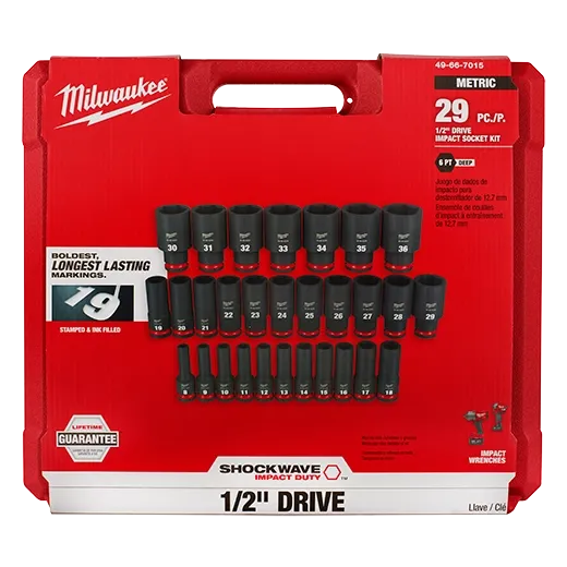 Milwaukee 49-66-7015 SHOCKWAVE 1/2" Drive Metric 6 Point Impact Socket Set 29PC