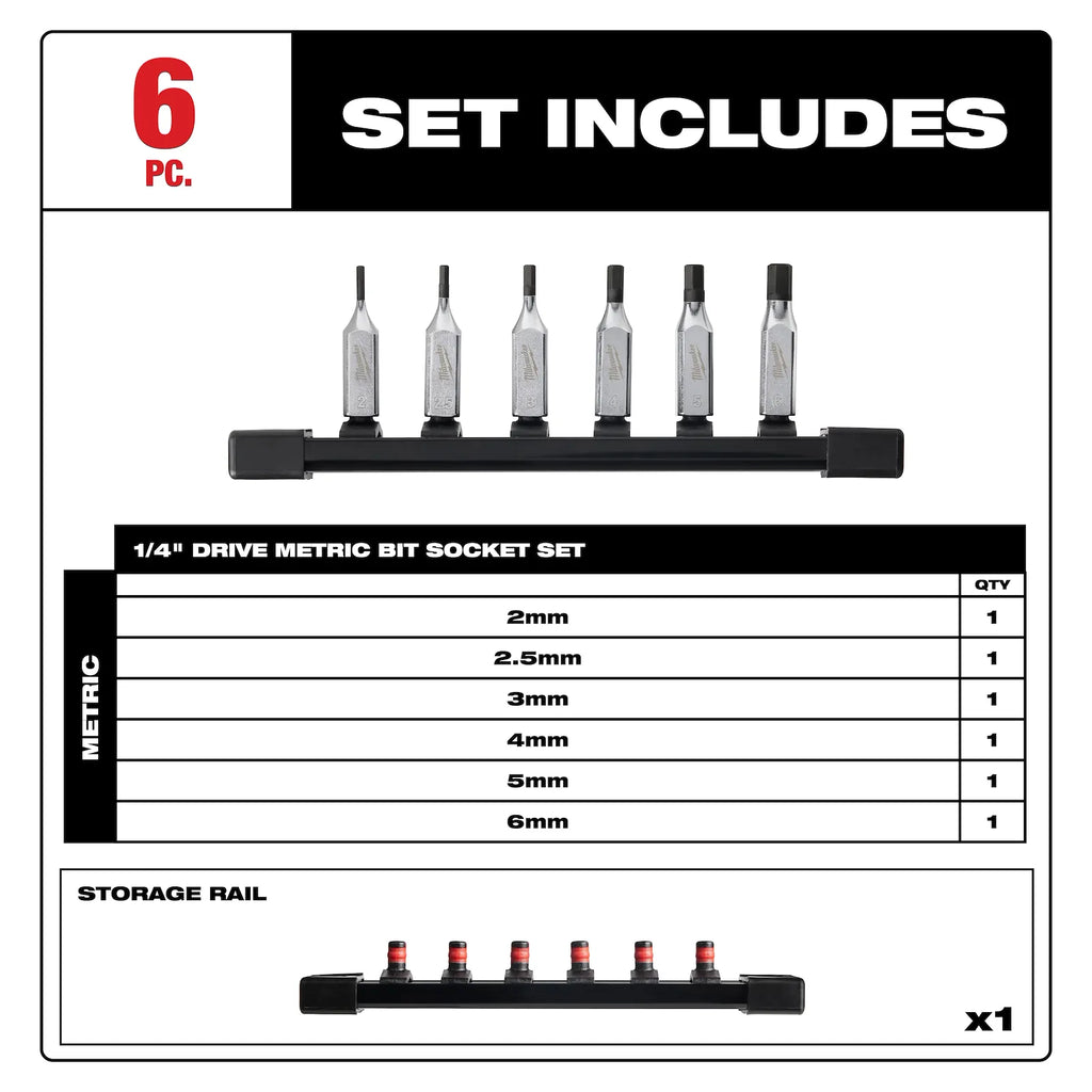Milwaukee 48-22-9541 6PC 1/4" Drive Hex Bit Socket Set - Metric