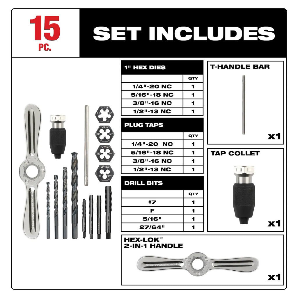 Milwaukee 49-22-5602 15PC SAE Tap and Die Set with HEX-LOK™ 2-in-1 Handle