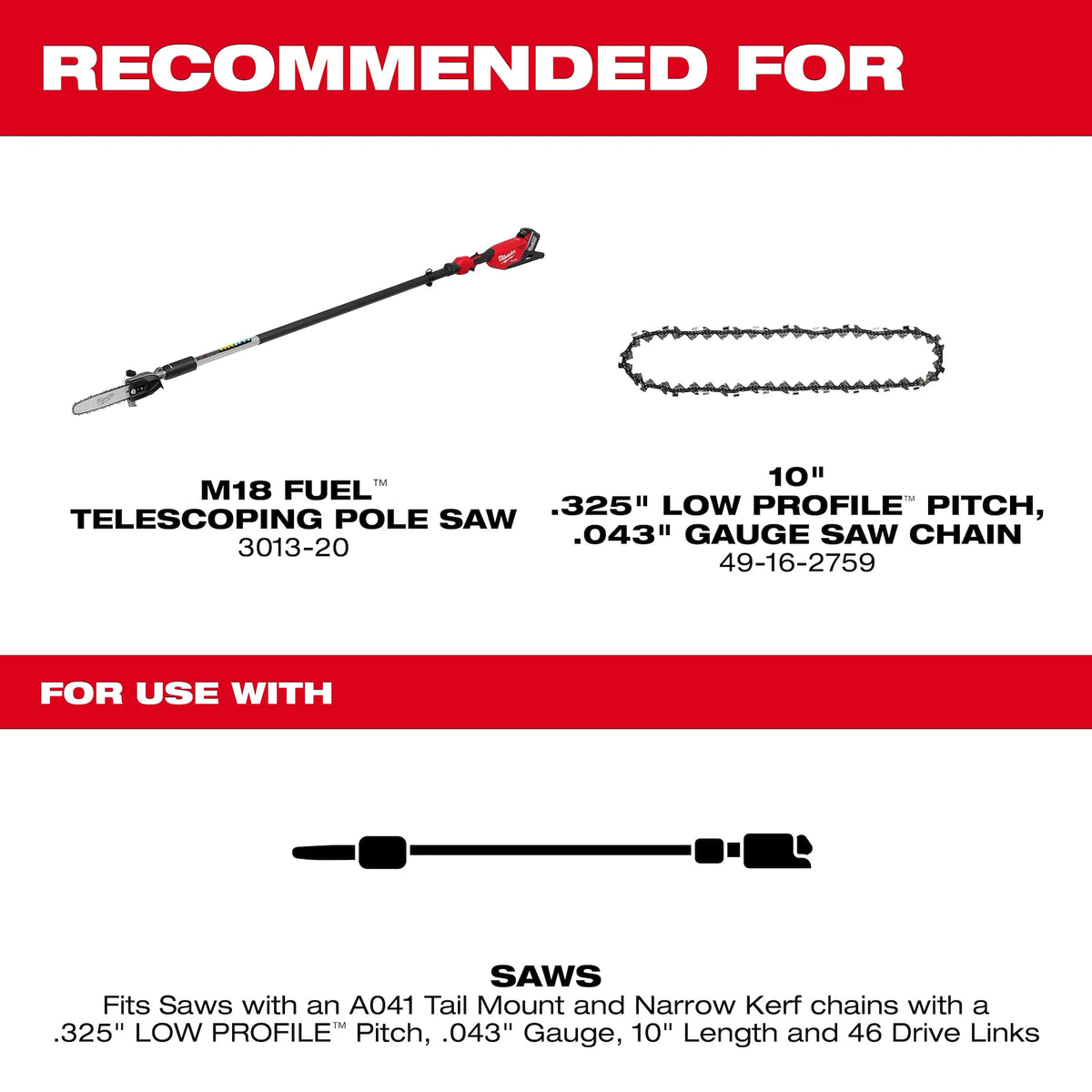 Milwaukee 49-16-2760 10 in. Telescoping Pole Saw Guide Chainsaw Bar