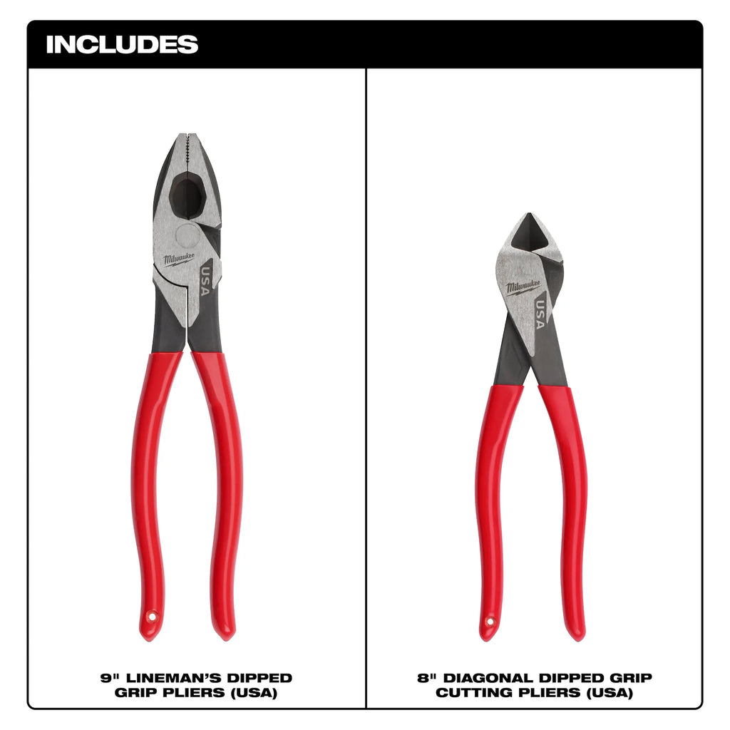 Milwaukee MT500-2 9" Lineman & 8" Diagonal Dipped Grip Plier Set 2PC