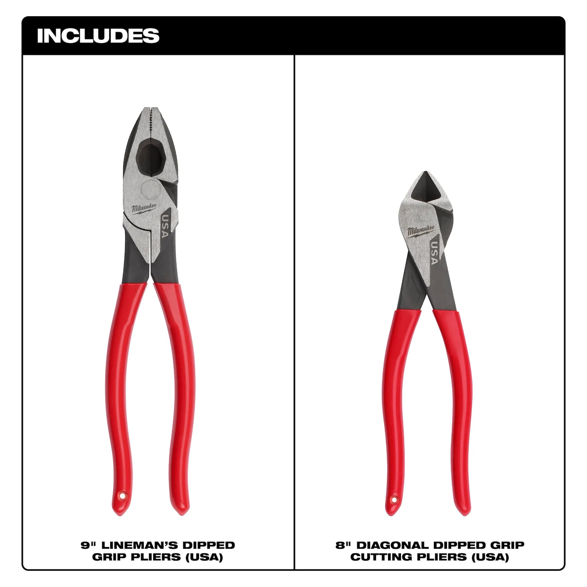 Milwaukee MT500-2 9" Lineman & 8" Diagonal Dipped Grip Plier Set 2PC