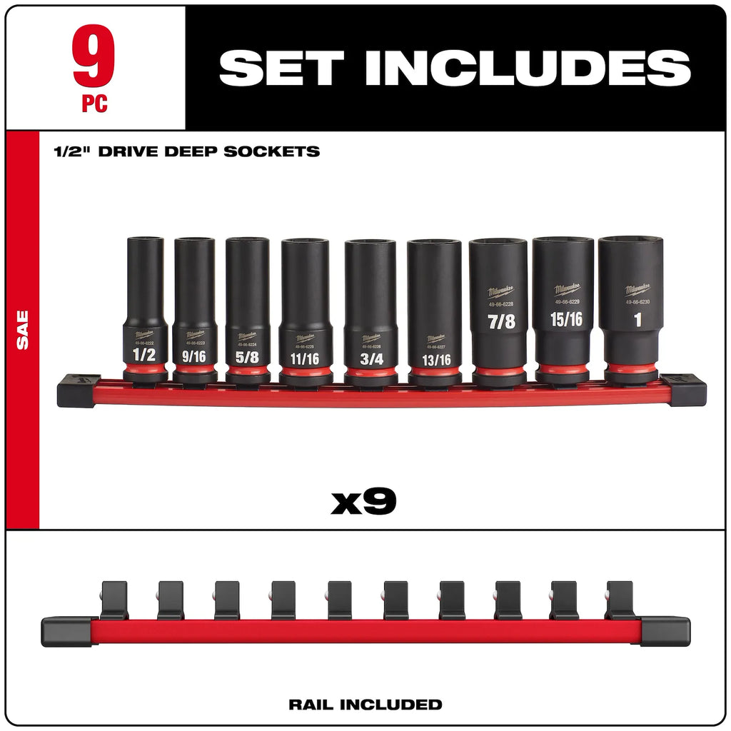 Milwaukee 49-66-7022 9PC 1/2" Drive SAE Deep 6 Point Socket Set (Open Box)