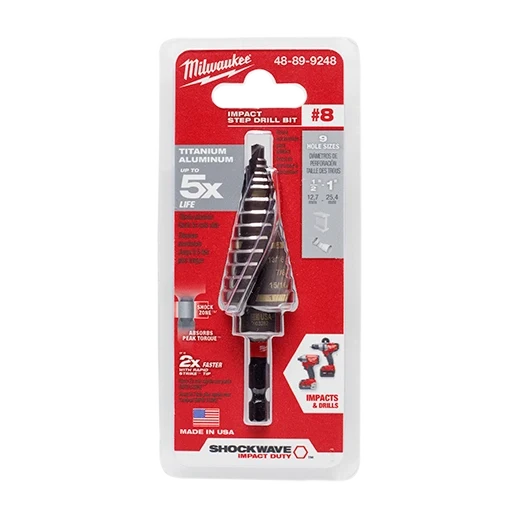 Milwaukee 48-89-9248 SHOCKWAVE 1/8" - 1" #8 Impact-Rated Titanium Step Drill Bit