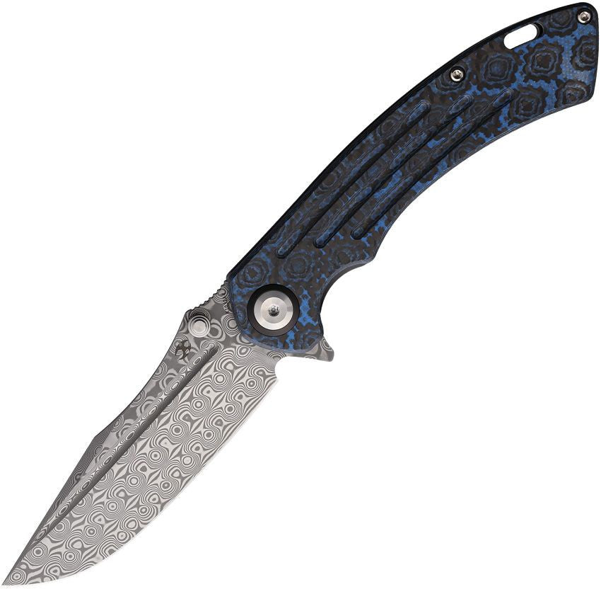 Kansept Knives Pretatout Liner Lock Knife Blue Rose Pattern CF (3.6" Damascus)