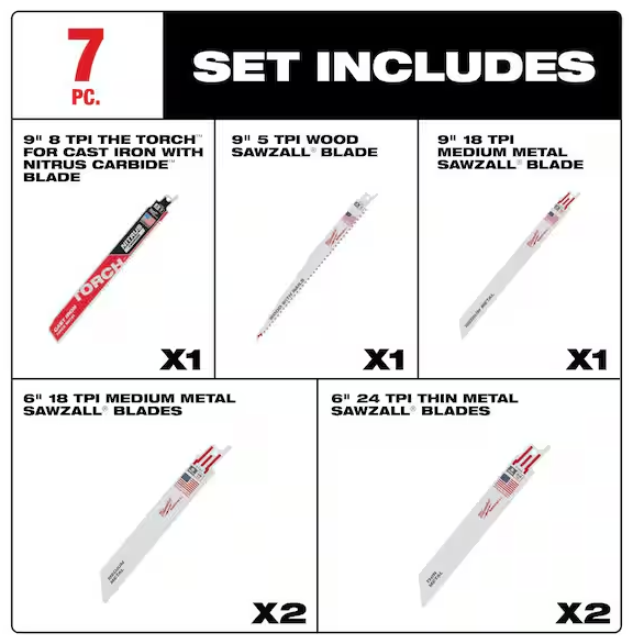 Milwaukee 49-22-1306B 7PC SAWZALL Wood & Metal Reciprocating Saw Blade Set