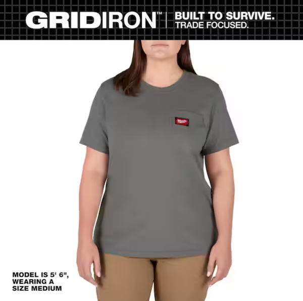Milwaukee F451G-M Women's Medium Gray GRIDIRON Short Sleeve Pocket T-Shirt