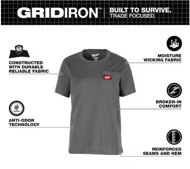 Milwaukee F451G-M Women's Medium Gray GRIDIRON Short Sleeve Pocket T-Shirt