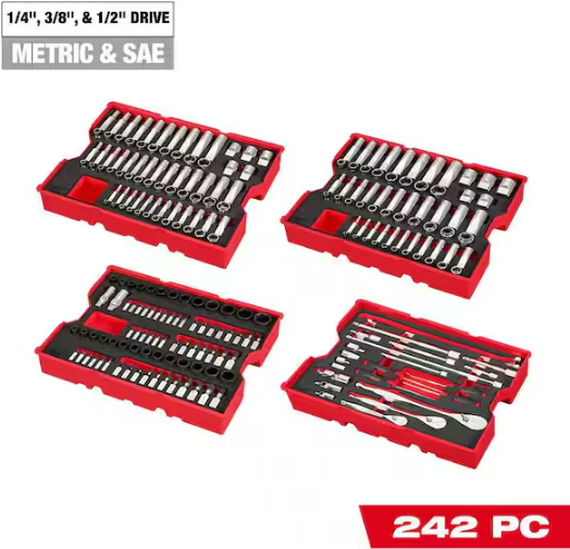 Milwaukee 48-22-9490 1/4"& 3/8"& 1/2" Drive Met & SAE Ratchet Socket Set 242PC