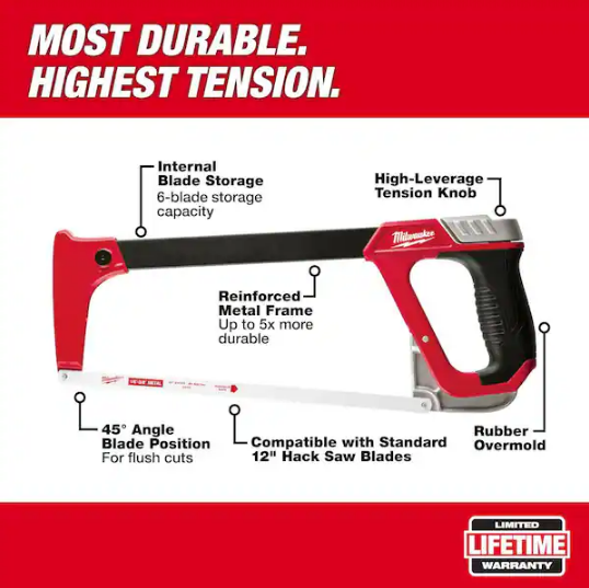 Milwaukee 48-22-0050 High-Tension Hack Saw with 12" 24 TPI Bi-Metal Blade