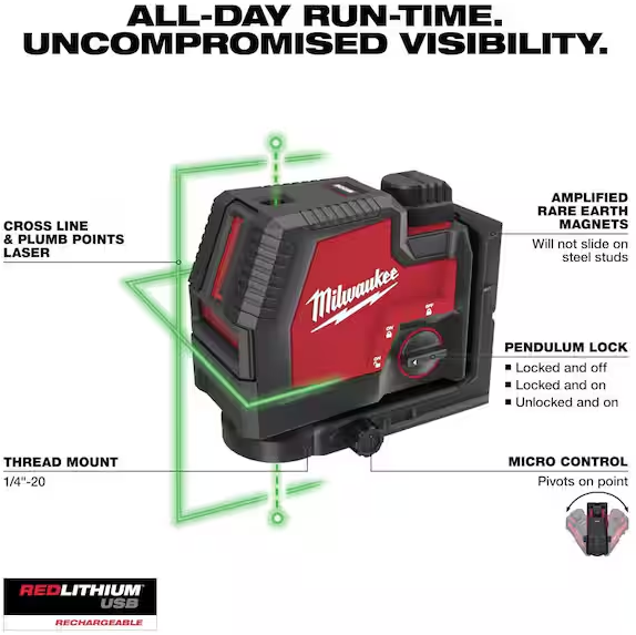 Milwaukee 3522-20 Green 100' Cross Line and Plumb Points Laser Level (Open Box)
