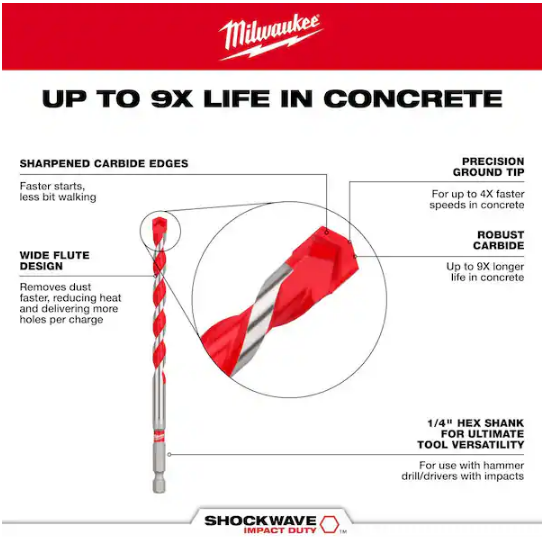 Milwaukee 48-20-9005 3/16" x 2" x 4" SHOCKWAVE Impact Duty Carbide Hammer Drill Bit