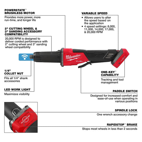 Milwaukee 2984-20 M18 FUEL Variable Speed, Braking Die Grinder, Paddle Switch