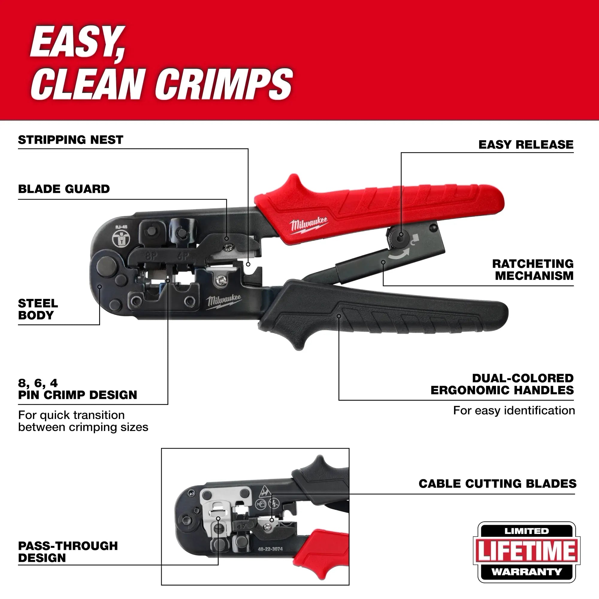 Milwaukee 48-22-3074 Ratcheting Pass-Through Crimper & Stripper (Open Box)