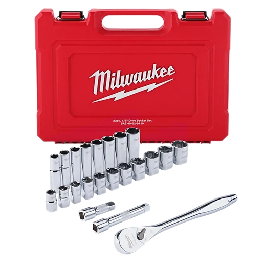 Milwaukee 48-22-9410 22 pc 1/2" Drive SAE Ratchet and Socket Set - 4 Flat Sides
