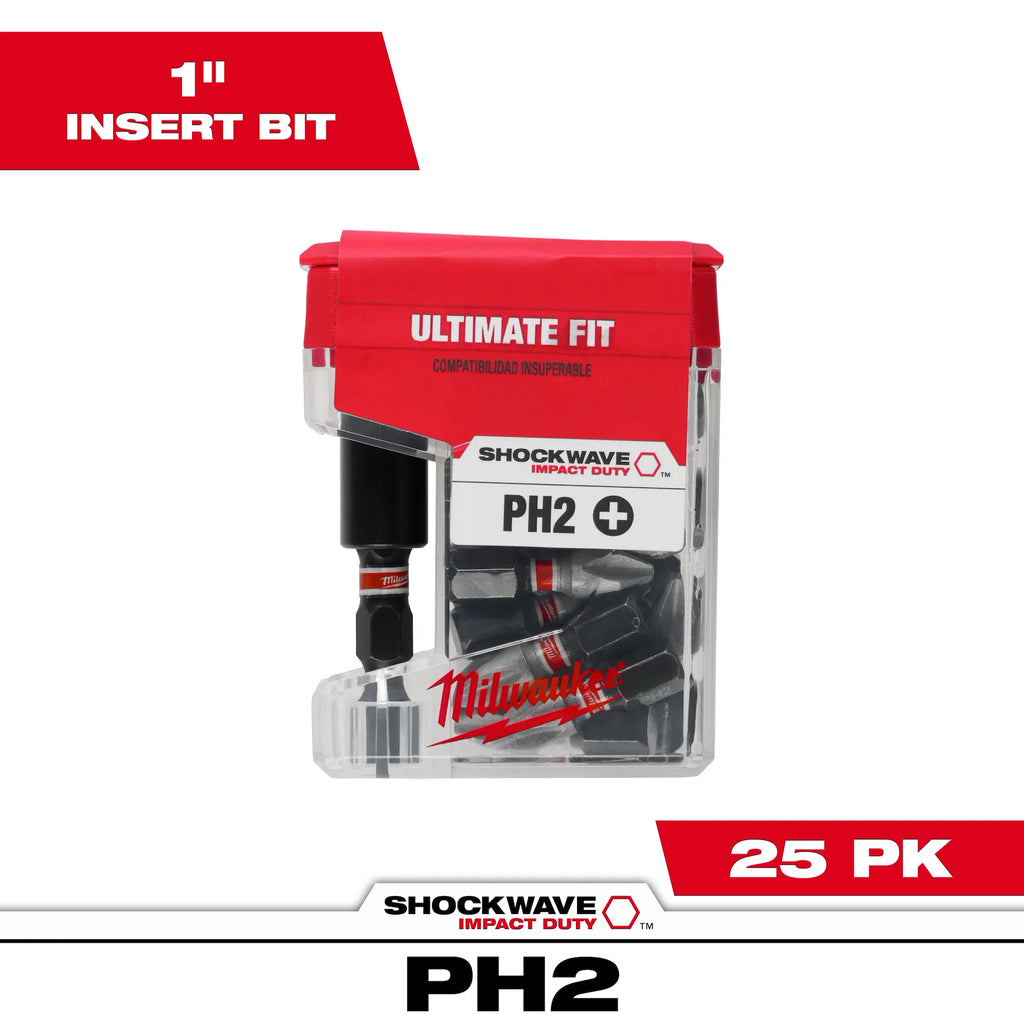 Milwaukee 48-32-5009 SHOCKWAVE Impact 1" Phillips #2 Insert Bit W/ Holder 25PK