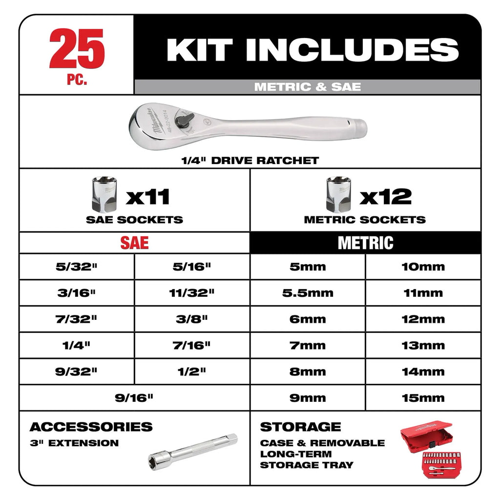 Milwaukee 48-22-9044 1/4" Drive SAE/MET Ratchet & Socket Mechanics Tool Set 25PC