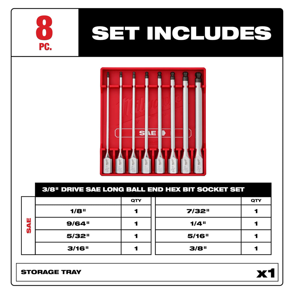 Milwaukee 48-22-9549 3/8" Drive SAE Long Ball End Hex Bit Socket Set 8pc