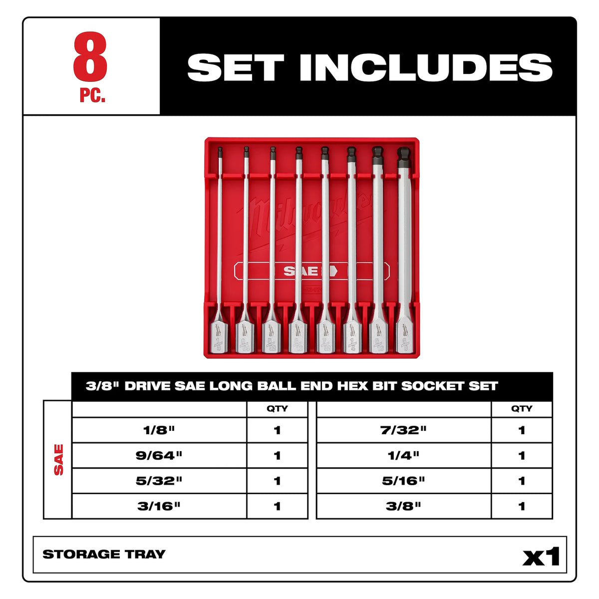Milwaukee 48-22-9549 3/8" Drive SAE Long Ball End Hex Bit Socket Set 8pc